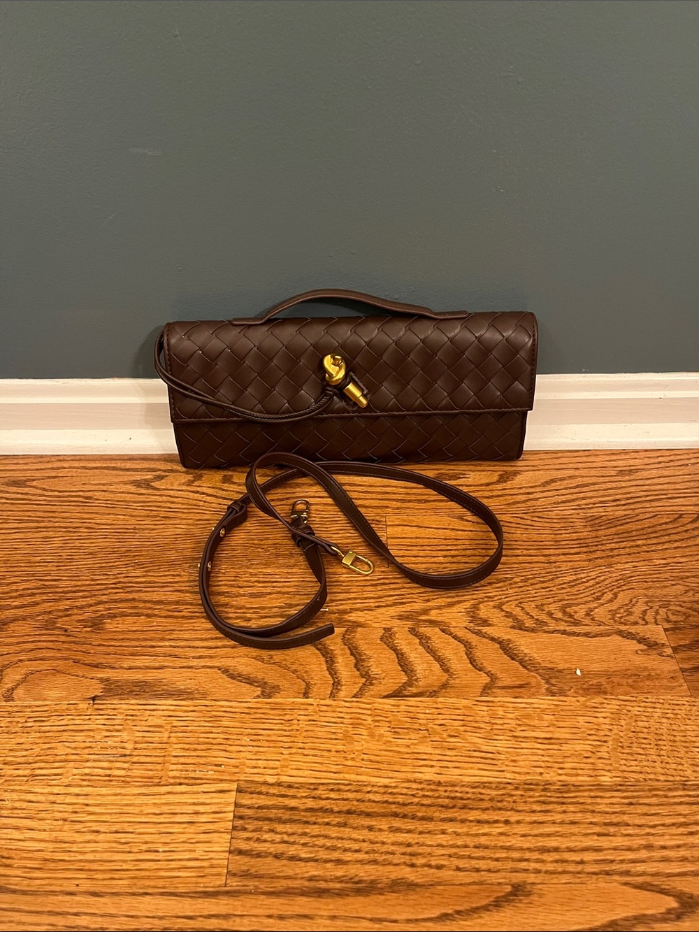 Woven Clutch in Dark Brown with Gold Accent detachable crossbody